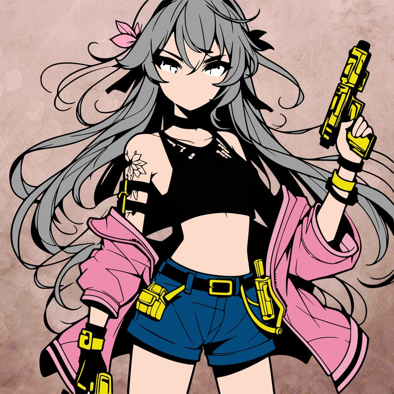 bad girl wearing crop top holding a gun long hair anime