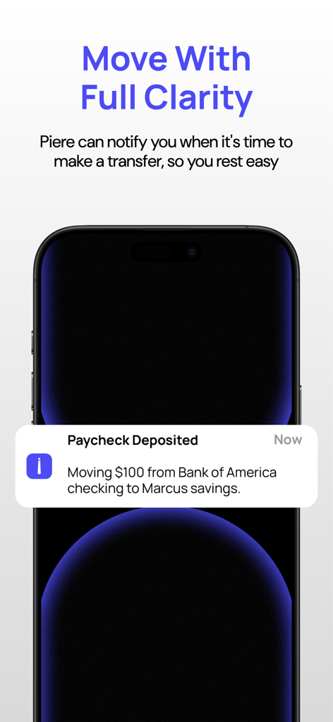 Piere: Budget, Save, Plan - A mobile phone notification from the Piere app confirming an automated money transfer from a checking account to savings
