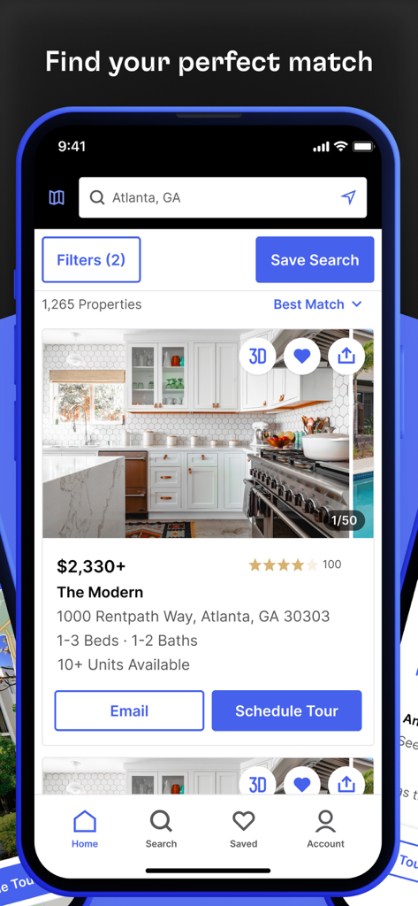 Rent. Apartments and Homes - Interface of the Rent app showing a modern kitchen in an Atlanta apartment listing with buttons to email or schedule a tour