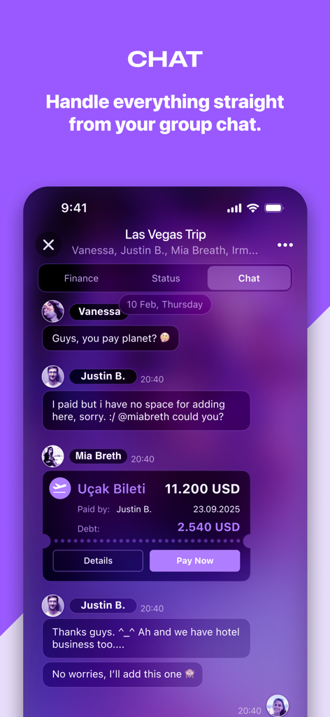 Kassa mobile app interface showing a group chat for a trip with integrated shared expense tracking and a pay now button
