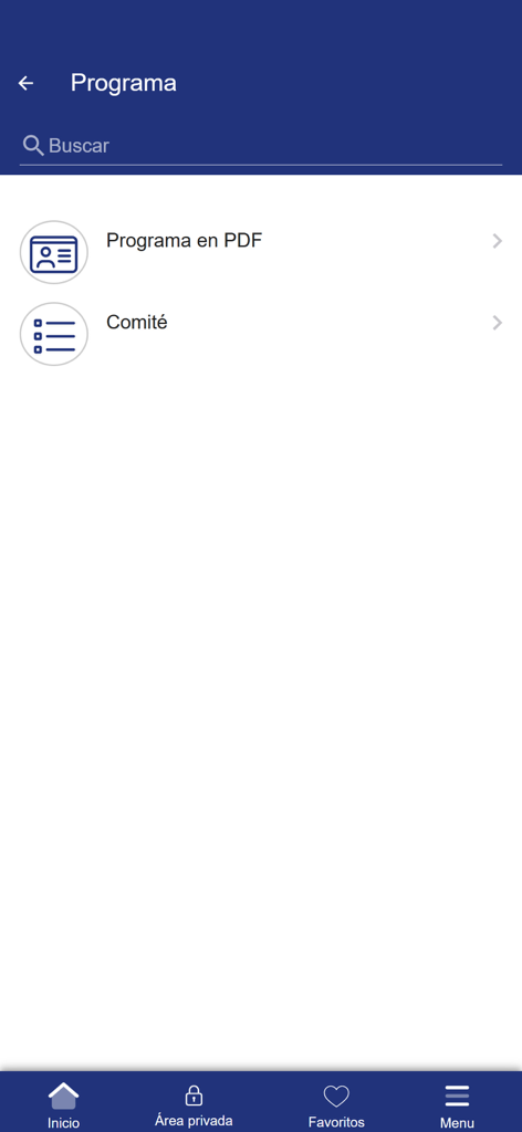 Captura de pantalla de la pantalla del programa de la aplicación HM Gabinete Velazquez que muestra opciones para descarga de PDF e información del comité.