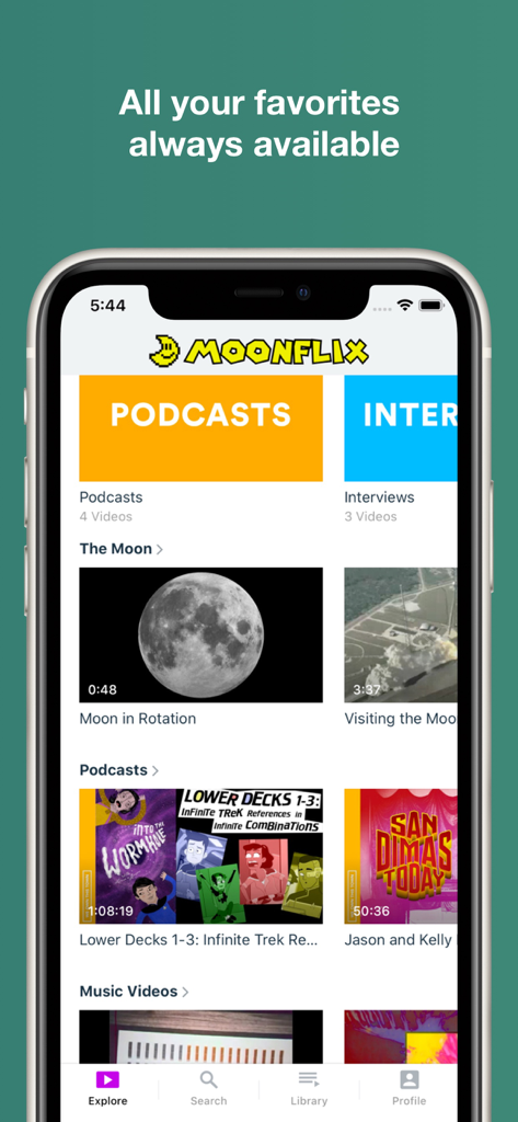 MoonFlix - Interface of the MoonFlix app showing various video categories like podcasts and moon documentaries