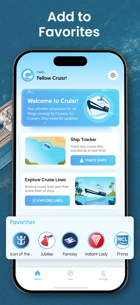 Cruisr - Cruise Ship Tracking - Pantalla de inicio de la aplicación Cruisr mostrando la función de rastreo de barcos y una lista de cruceros favoritos