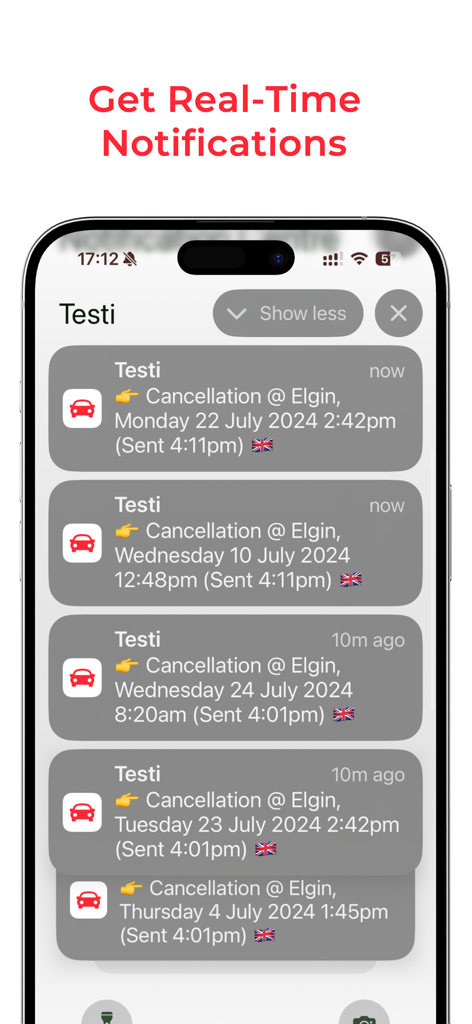 Smartphone screen showing real-time driving test cancellation notifications from the Testi app