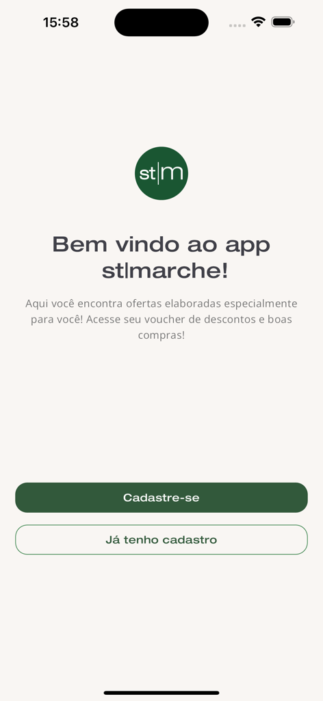 Welcome screen of the St Marche grocery app featuring login and registration options.
