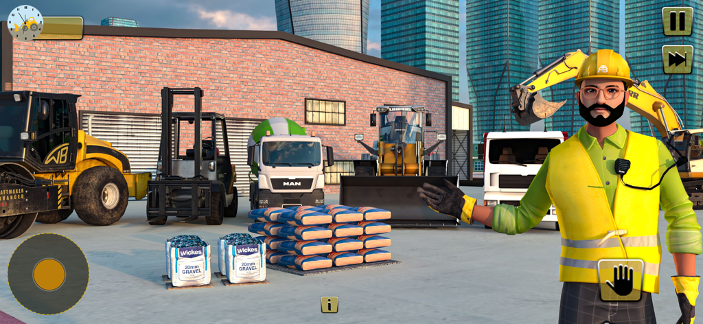 Construction City Simulator 3D - 3D建設作業員キャラクターが、都市環境のさまざまな重機や建設資材の前に立っている