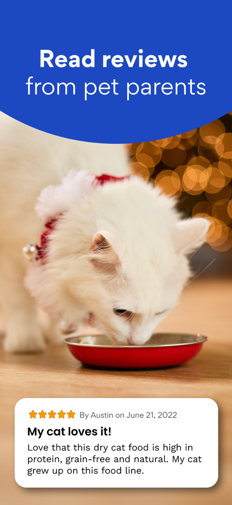 Chewy - Pet Care & Pharmacy - Una recensione di un cliente per cibo per gatti sull'app Chewy con un gatto bianco che mangia da una ciotola