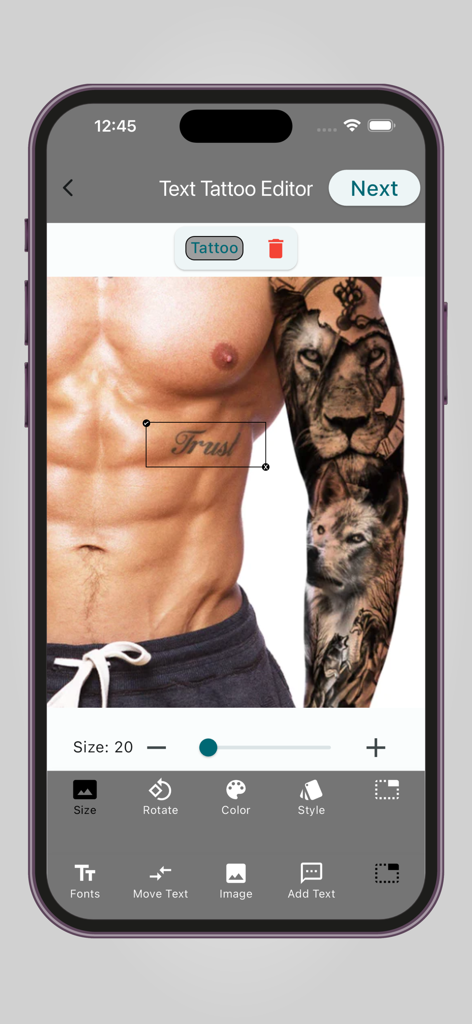 Tattoo Designs - Tattoo Maker - Interface de aplicativo móvel de um editor de tatuagem de texto mostrando um mockup de uma tatuagem em uma foto de um homem