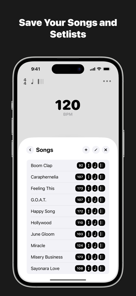 Metronome؜ - BPM 설정이 있는 저장된 노래와 셋리스트를 보여주는 메트로놈 앱 화면
