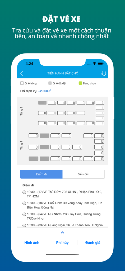Săn Vé Máy Bay Giá Rẻ 12Bay.vn - ベトナムのバスチケット予約のためのバス座席表と出発地オプションを表示するモバイルアプリ画面