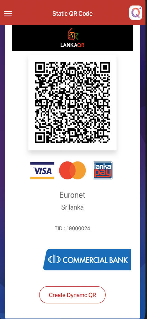 ComBank QPlus Merchant - Una pantalla de móvil que muestra un código QR estático para pagos de comerciantes en la aplicación ComBank QPlus con los logotipos de LankaQR y Visa MasterCard