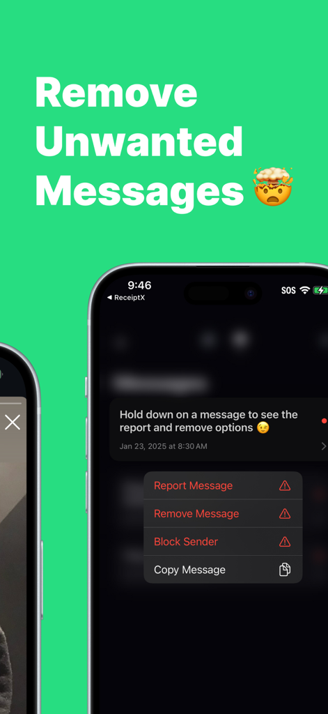 FRL - Anonymous Messages - Interface do aplicativo móvel mostrando controles de segurança para denunciar mensagem, remover mensagem e bloquear remetente.