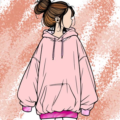 realistic girl with a oversized sweatshirt on and a bun