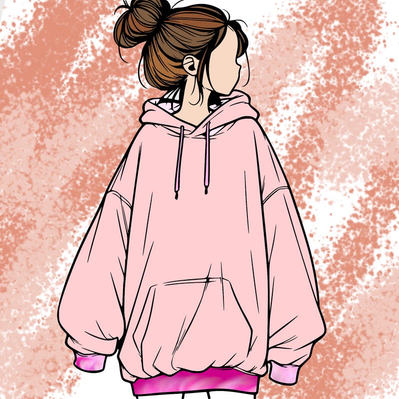 realistic girl with a oversized sweatshirt on and a bun