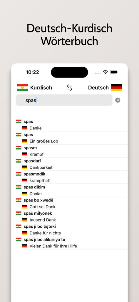 Kurdisch-Deutsch Wörterbuch - Kurdish-German dictionary app interface showing search results for Kurdish words translated into German