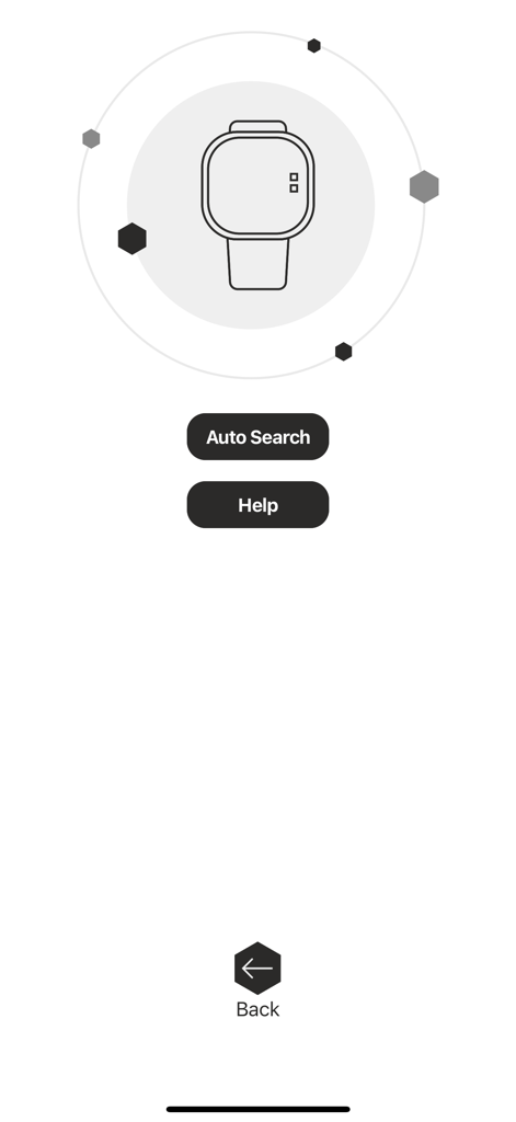 Tappy Pay - Tappy Pay app screen for pairing a wearable device featuring an auto search button and a help button