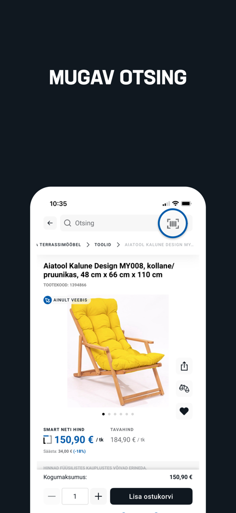 K-rauta mobile app interface showing a yellow garden chair product page with a highlighted barcode scanner icon for convenient search
