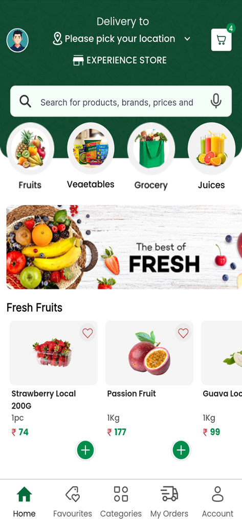 Pure O Natural - Pure O Naturalモバイルアプリのインターフェース。新鮮な果物のカテゴリと、いちごやパッションフルーツの配送用商品リストが表示されています。
