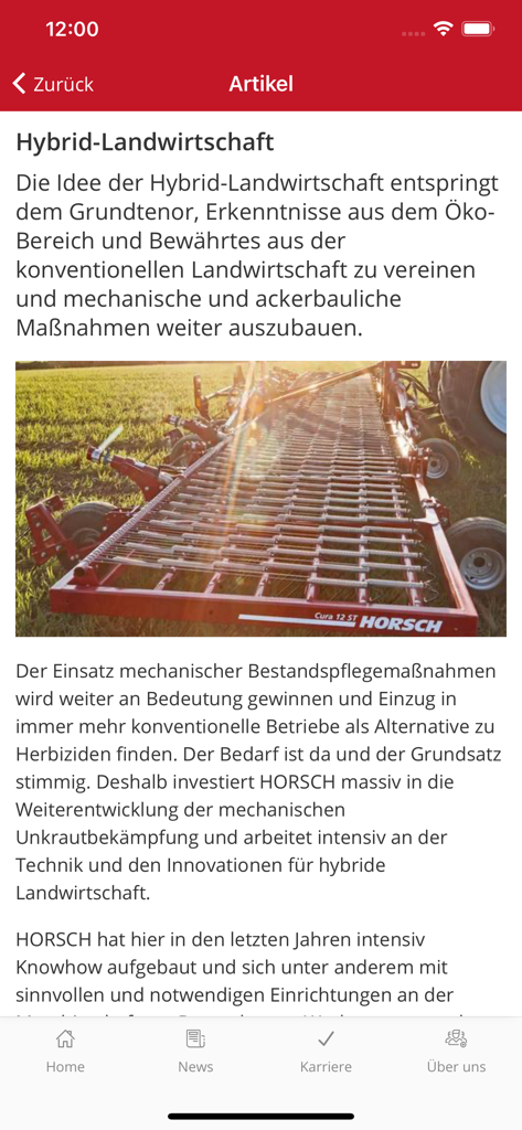 Inside HORSCH - Screenshot der Inside HORSCH App mit einem Artikel über Hybrid-Farming, der ein Foto einer roten HORSCH Cura 12 ST Landmaschine auf einem Feld zeigt