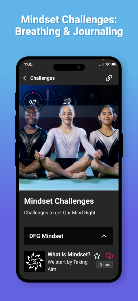 Three young gymnasts meditating on a floor mat during a mindset challenge in the Dance For Gymnastics app
