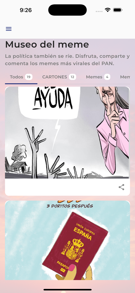 Partido Accion Nacional - Écran de l'application Partido Accion Nacional montrant la section Museo del Meme avec des dessins et des mèmes politiques