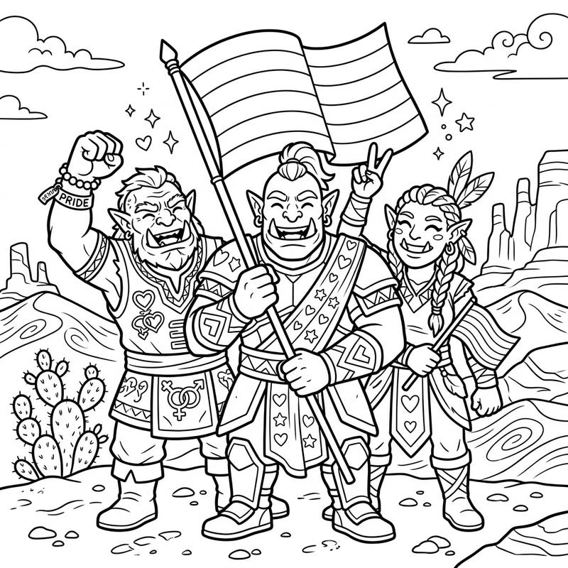 Experience a unique blend of fantasy and festivity with our Desert Orcs Pride coloring page. This vibrant design celebrates diversity and community, inviting you to bring a world of color to these joyful characters.