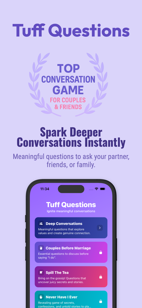 Tuff Questions - Couple Game - Pantalla de inicio de la aplicación Tuff Questions mostrando mazos de juegos de conversación para parejas y amigos