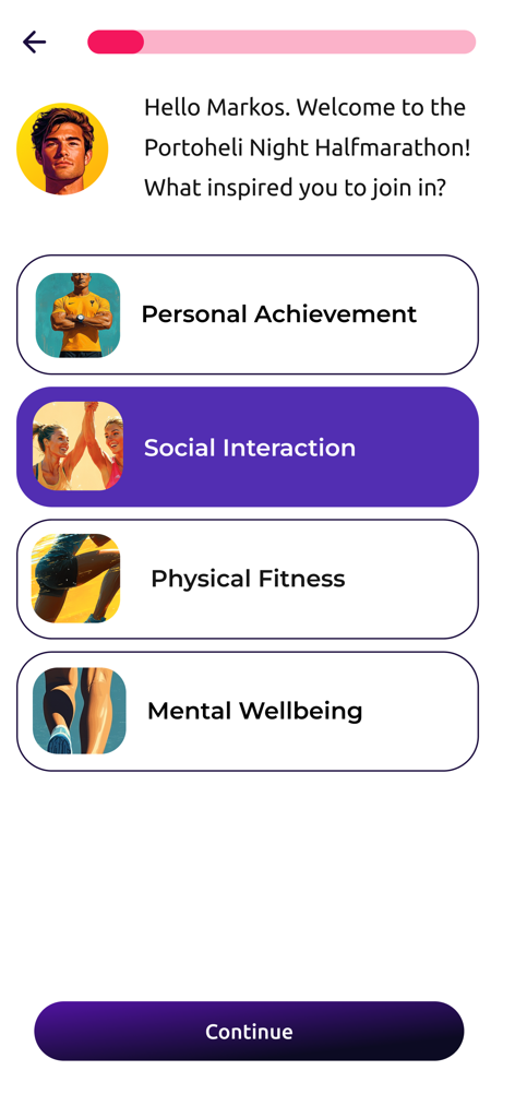 Pace Sports - Onboarding screen in the Pace Sports app asking runners for their race participation motivation