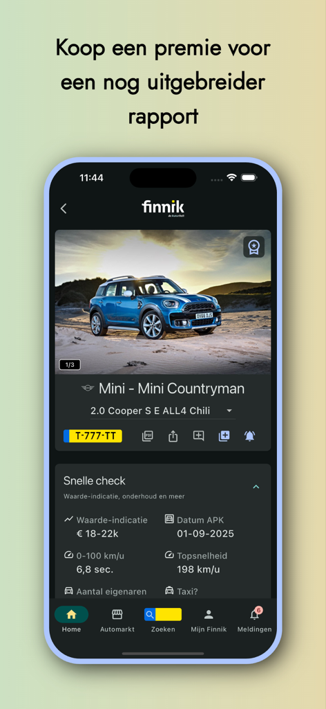 Finnik iKenteken app screen displaying technical specifications and valuation for a Mini Countryman