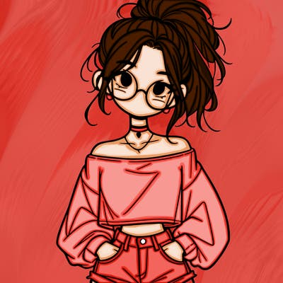 girl with a messy ponytail glasses a baggy crop top and jean shorts