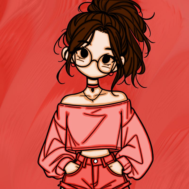 girl with a messy ponytail glasses a baggy crop top and jean shorts