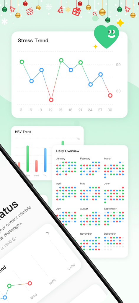 RelaxWatch: Stress&HRV Tracker - Pantalla de la aplicación RelaxWatch con gráfico de línea de tendencia de estrés, gráfico de barras de VFC y vista general diaria del calendario anual