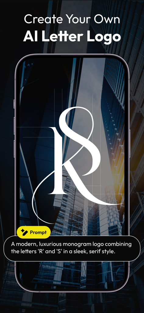 AI Logo Maker: Logo Creator - Pantalla de smartphone mostrando un logo de monograma generado por IA de las letras R y S