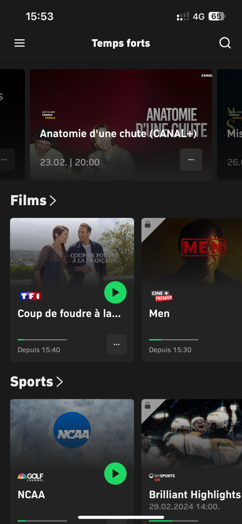 Salt TV App-Oberfläche, die Highlight-, Film- und Sportbereiche auf einem mobilen Bildschirm zeigt