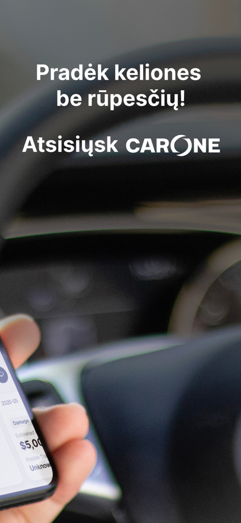 carOne - Person holding a smartphone with the carOne app interface inside a car interior