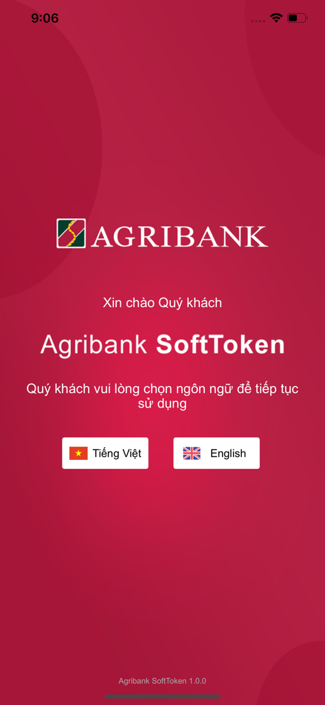 Agribank Soft Token - Agribank Soft Token app welcome screen showing language selection options for Vietnamese and English