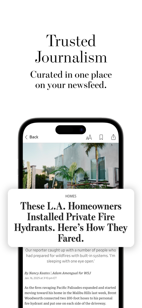 The Wall Street Journal mobile app displaying a curated news article on a smartphone.