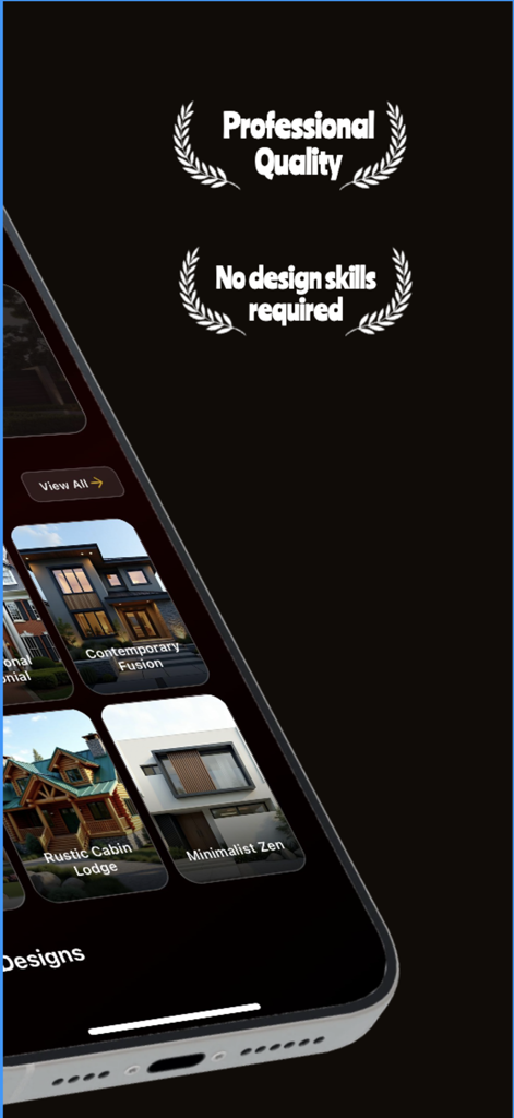 Home Elevation AI - Oberfläche der Home Elevation AI App, die Architekturstile wie Contemporary Fusion und Minimalist Zen mit der Meldung anzeigt, dass keine Designkenntnisse erforderlich sind