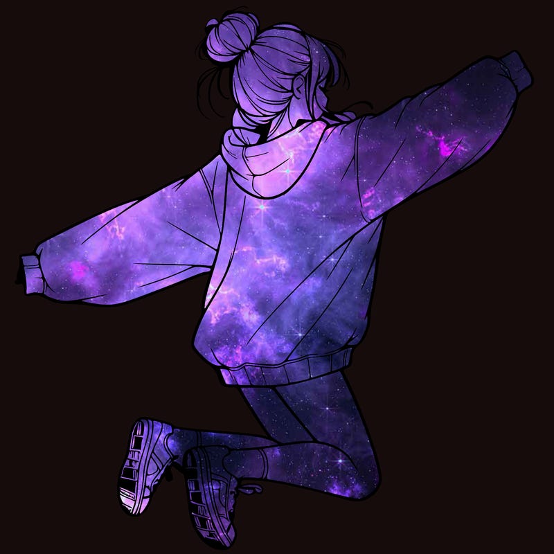 realistic girl jumping with a bun and oversized sweatshirt