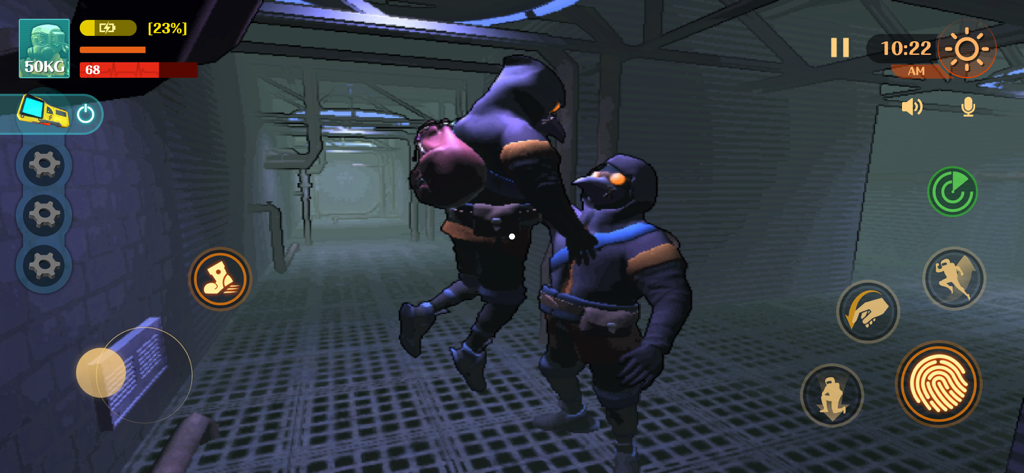 MIMESIS: Deceive or Die - Zwei maskierte Spielercharaktere stehen sich in einem dunklen Industriekorridor in MIMESIS Deceive or Die gegenüber.