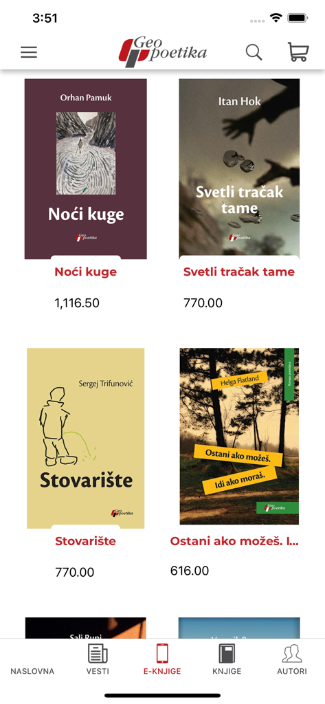 Screenshot of the Geopoetika e-bookstore app showing a list of digital books and prices.