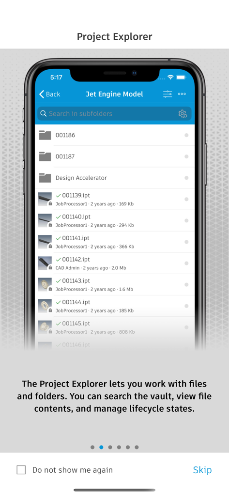 Screenshot of the Project Explorer in the Autodesk Vault Mobile app displaying a file list and folders for a jet engine model.