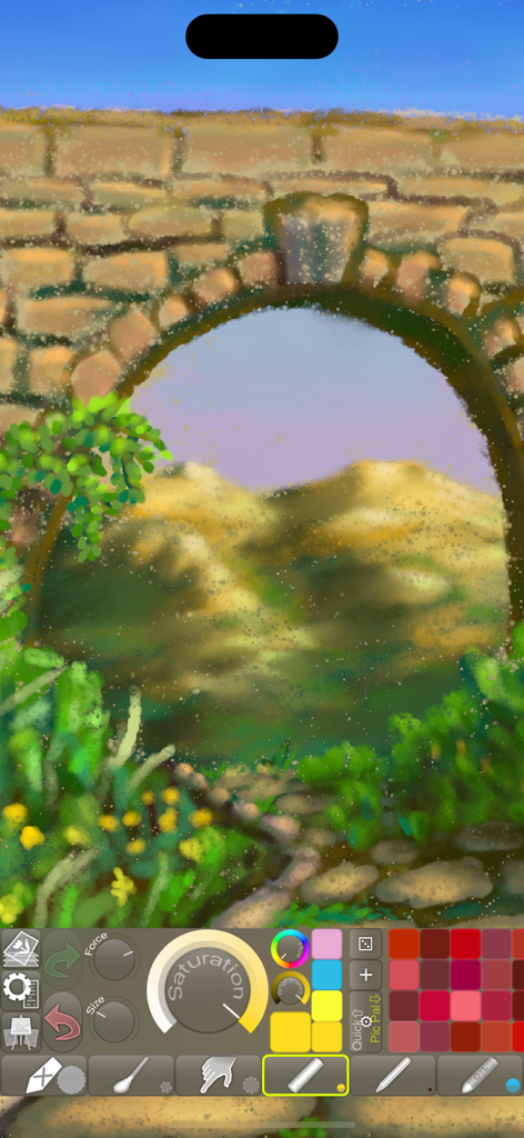 iPastels - Dipinto digitale a pastello di un arco di pietra e montagne all'interno dell'interfaccia dell'app iPastels.