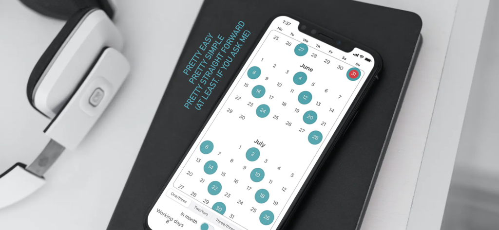 Simple Working Calendar - Smartphone screen showing the Simple Working Calendar app with a monthly shift schedule