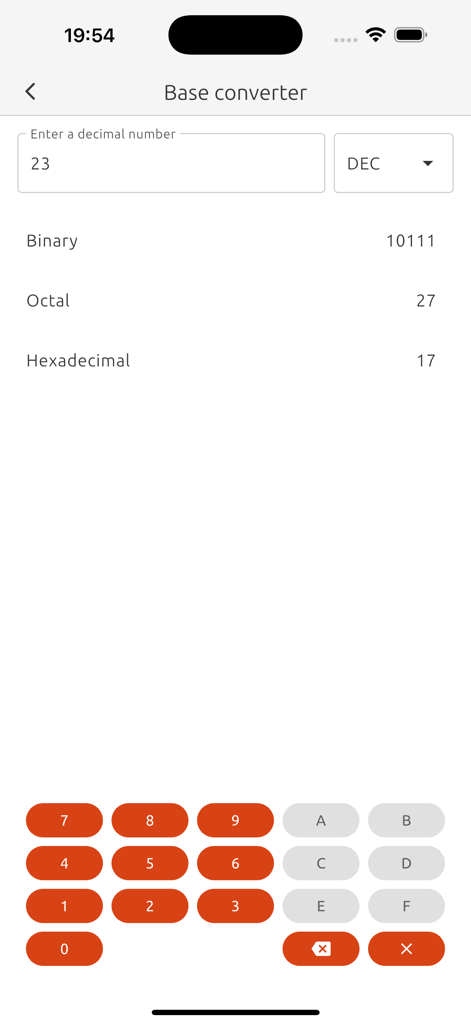 Herramienta convertidora de bases en la aplicación Toolbox que convierte un número decimal a formatos binario, octal y hexadecimal.
