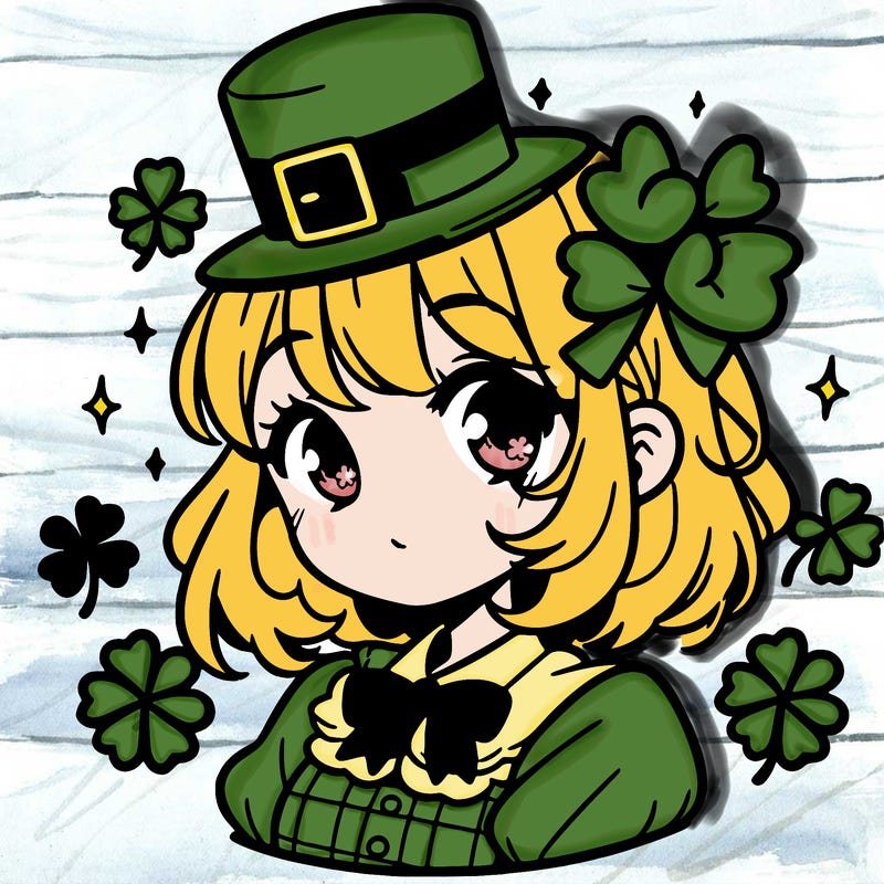 a manga-style girl with clovers around her, a little hat in her hair, like it's saint patrick's day