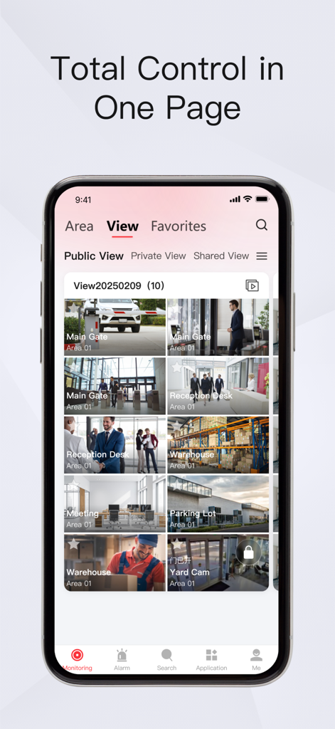 HikCentral Mobile - HikCentral Mobile app interface displaying a grid of live security camera feeds for different business areas