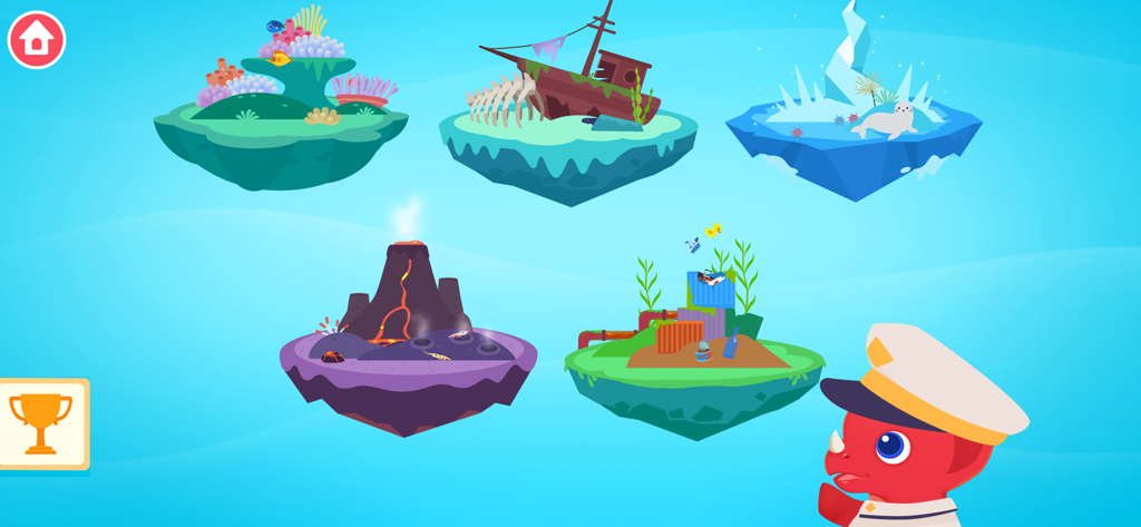 Dinosaur Submarine for toddler - Level selection screen in Dinosaur Submarine app featuring a dinosaur captain and themed exploration islands like coral reefs and shipwrecks.