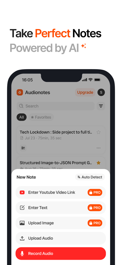 Audionotes: Audio Notes AI - Interface do aplicativo móvel Audionotes mostrando opções de criação de notas com IA para gravações de áudio e resumos de vídeo do YouTube.
