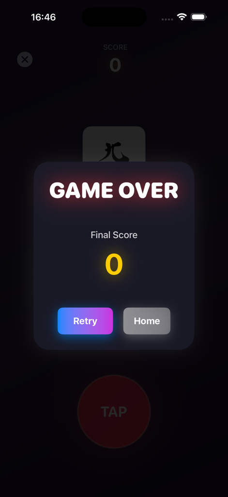 Mahjong One Button - A game over screen in the Mahjong One Button app showing a final score of zero with retry and home buttons.